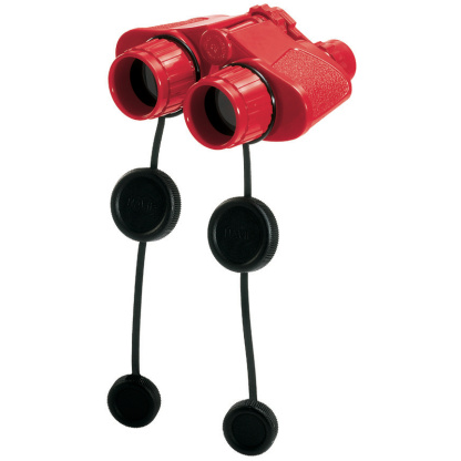 Red binoculars with lens covers