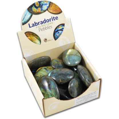 Labradorite palmstone pebbles display box