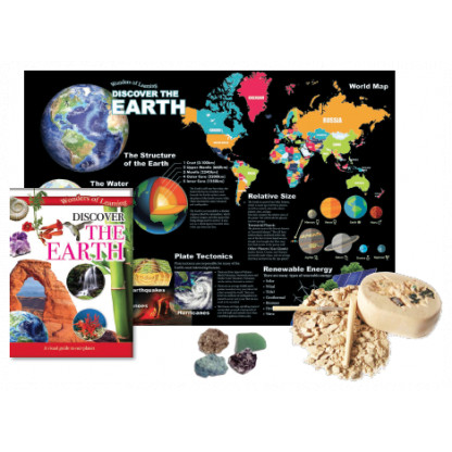 5706 3 Discover Earth Science kit includes an illustrated book, wall chart and mineral and crystal excavation kit.