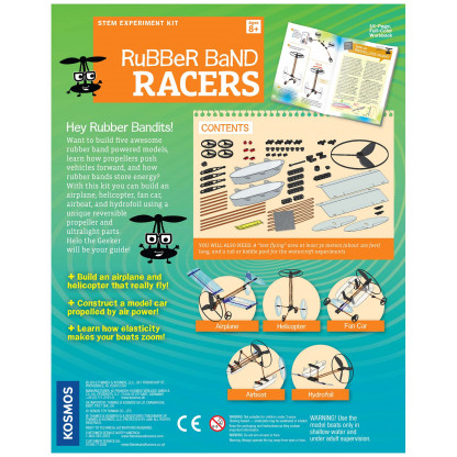550020 5 <p class="p1">Rubber Band Racers is physics fun with five rubber band powered racers made using ultralight plastic and bamboo parts and rubber bands. Ideal STEM science from Thames and Kosmos.</p>