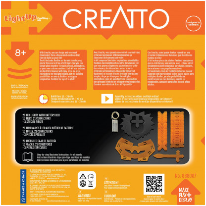 888007 1 Luminous Lion has 34 Creatto pieces and a string of 20 LED lights, you can build a lion, ostrich, snake, and rhinoceros. Battery-powered lights require 2 AA batteries. Suitable for ages 8 and up.