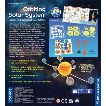 The Orbiting Solar System kit allows you to create a a mechanical model of the solar system. Wind it up and watch the planets revolve around the sun.