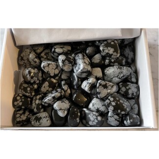 Snowflake Obsidian tumbled gemstones white box