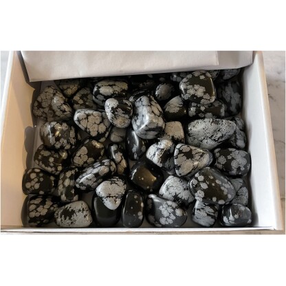 Snowflake Obsidian tumbled gemstones white box