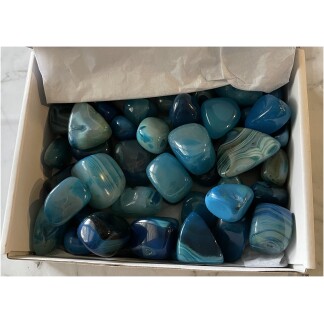 Blue Striped Agate tumbled gemstones white box