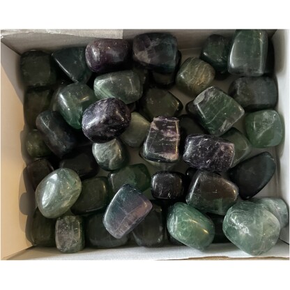 Fluorite tumbled gemstones white box