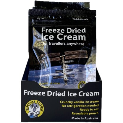 2155 4 scaled Freeze Dried Ice Cream is an Australian made equivalent of the famous 'Astronaut Ice Cream'. Available in packs of 50 or packs of 10.