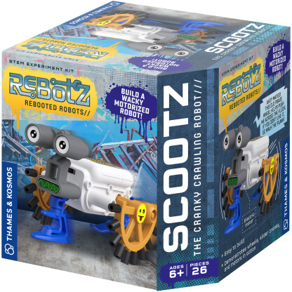 Robots ahoy! Rebotz Scootz is cobbled together from two halves of an old pirate ship’s wheel, and scoots along the floor on a repurposed iron and snow ski.