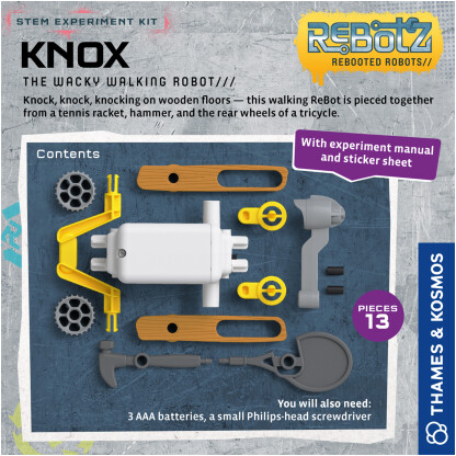 Knock, knock, knocking on wooden floors — wacky walking ReBotz Knox is pieced together from a tennis racket, hammer, and the rear wheels of a tricycle.